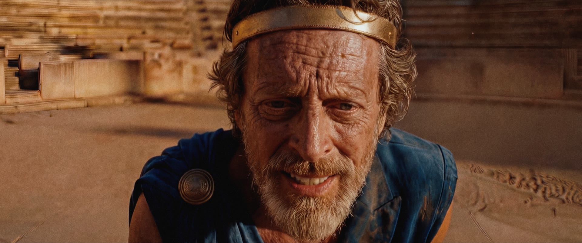 Oedipus in the second half of the film, crowned, wearing the costume born of the accident — a toga and half a velvet jacket.